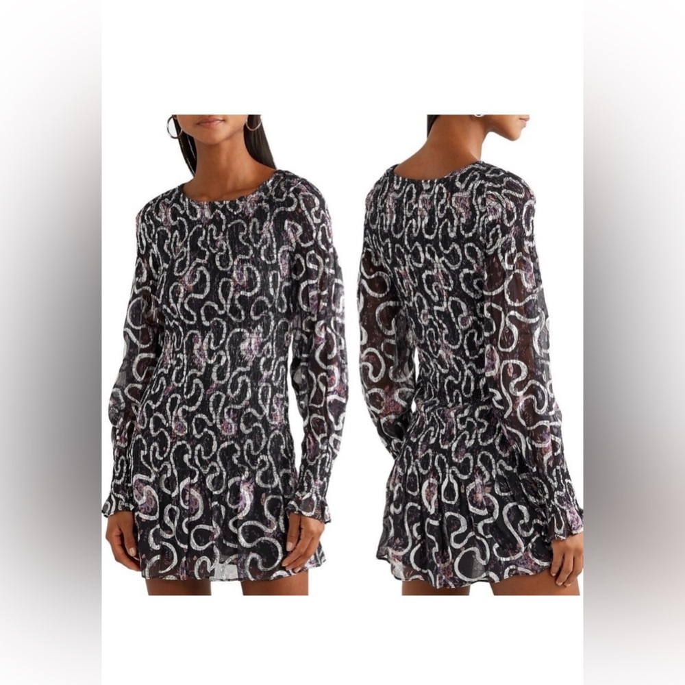 LoveShackFancy Scarlett Mini Dress Silk Chiffon Silver Metallic on Black size M